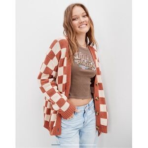 AE Checker Cardigan in Burnt Orange and Cream Size Medium Cotton Blend